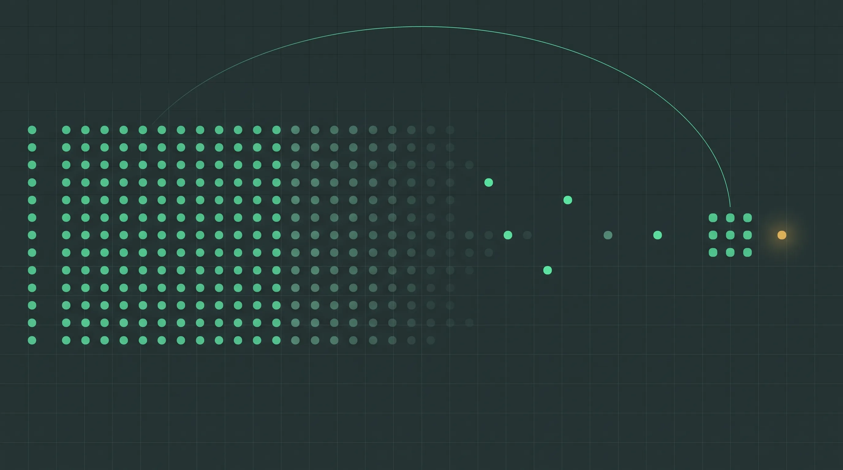 A dense uniform field of small jade marks on the left, every mark the same weight and indistinguishable from its neighbours, thinning rightward as most fade to near-invisible neutrals until only a few bright marks remain, gathered into one compact ordered block with a single small gold mark beside it, and a thin arc looping back from the block to the left edge