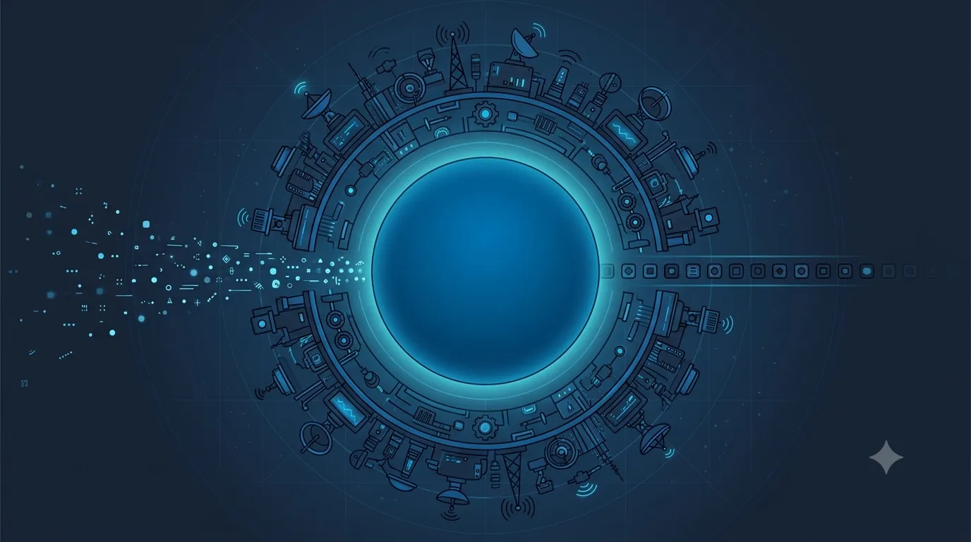 A calm luminous core at the center of a concentric ring of busy effectful machinery, with data shapes flowing in from the left and an ordered row of command tokens flowing out to the right