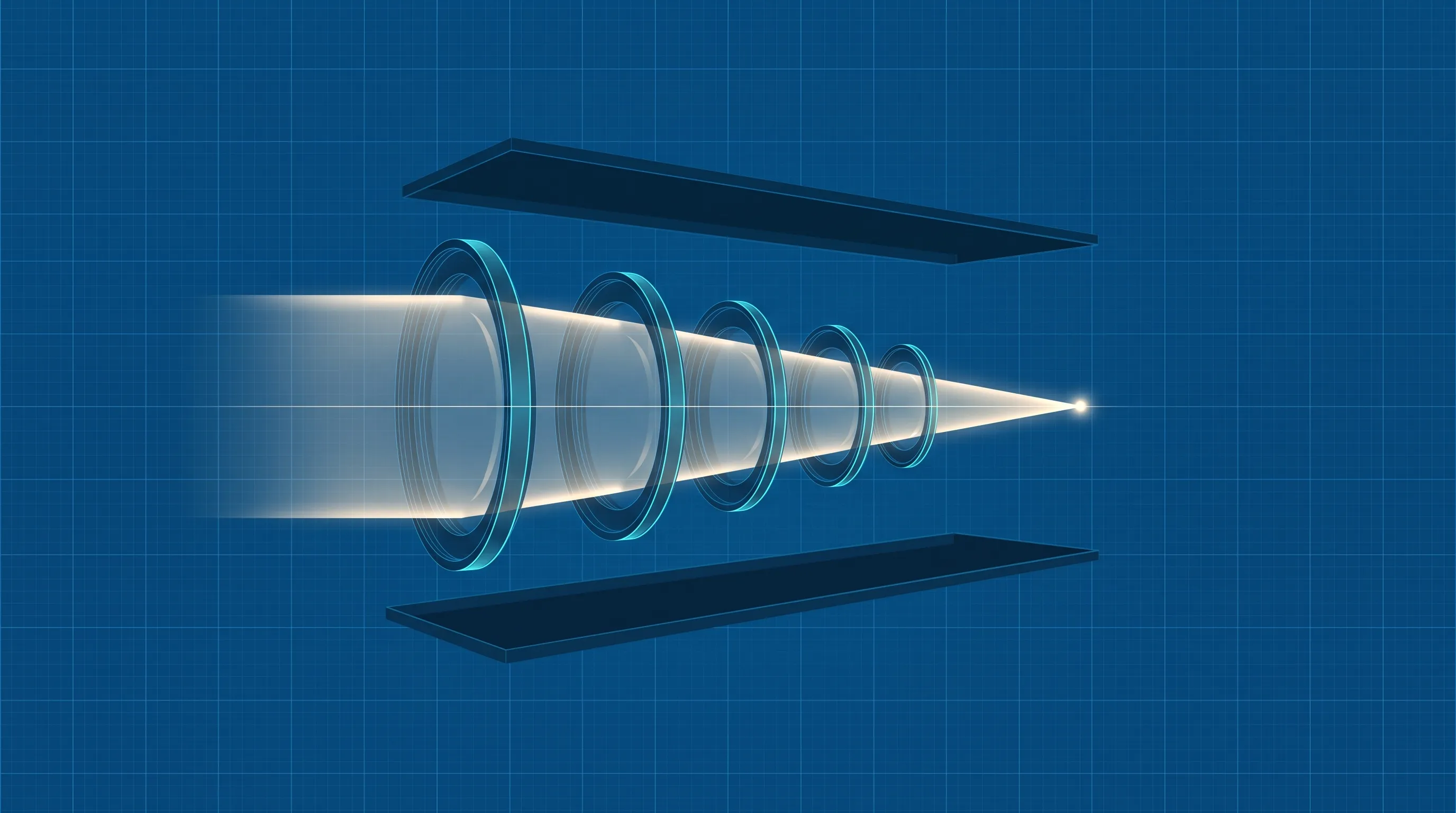 A stack of precisely aligned glass lens elements focusing a single luminous beam down through many layers onto one small glowing point, with the surrounding layers left dark and untouched