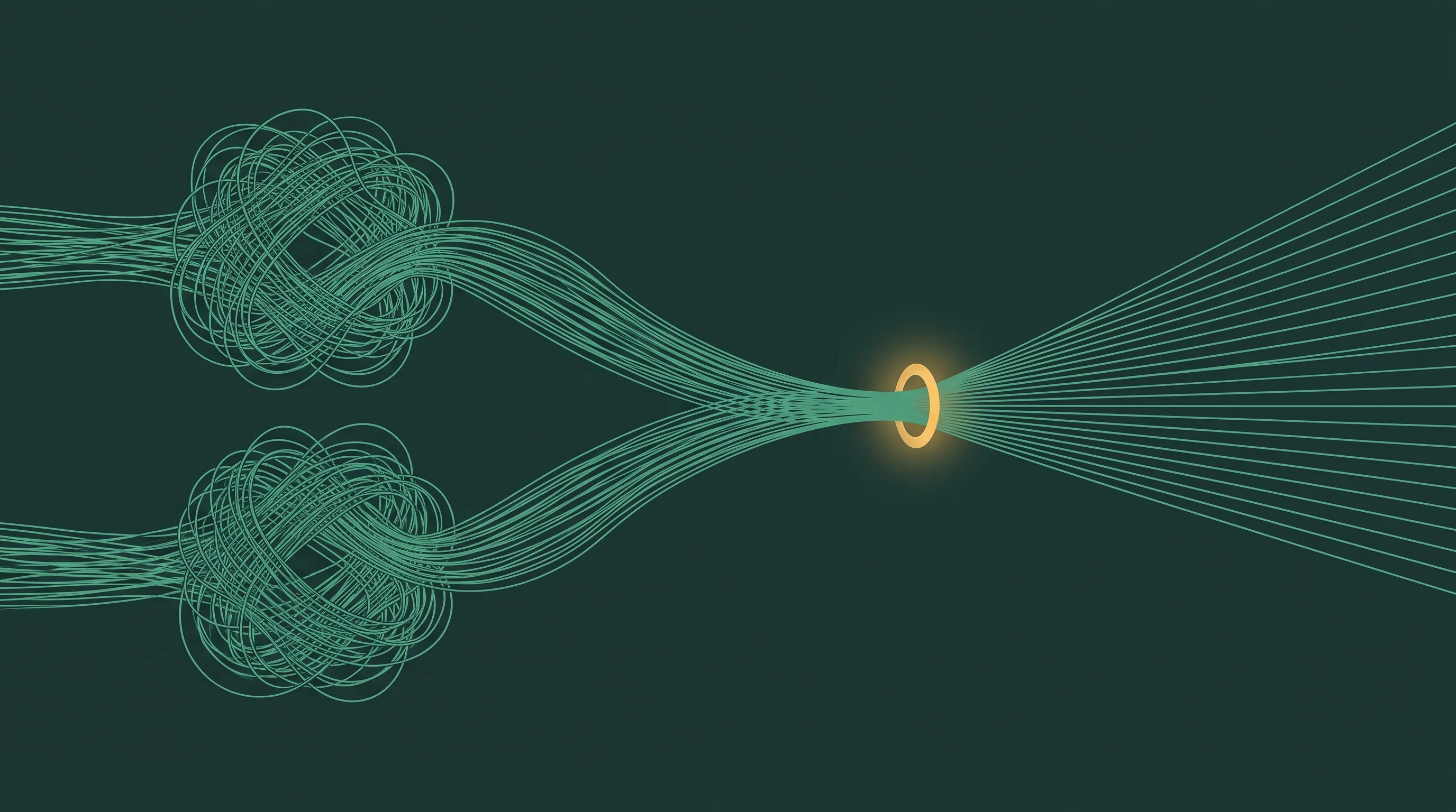 Two separate dense tangles of jade lines on the left, each self-contained, their strands drawing rightward through a single narrow gold aperture and emerging as one ordered fan of evenly spaced parallel lines